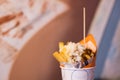 Close-up of tomato Spicy sauce and Fresh French fries, deep fried Homemade Baked potato chips with close-up of spicy sauce and Royalty Free Stock Photo