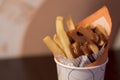 Close-up of tomato Spicy sauce and Fresh French fries, deep fried Homemade Baked potato chips with close-up of spicy sauce and Royalty Free Stock Photo