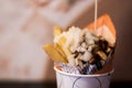 Close-up of tomato Spicy sauce and Fresh French fries, deep fried Homemade Baked potato chips with close-up of spicy sauce and Royalty Free Stock Photo