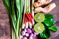 Close-up tomyumkung ingredients Thaifood on wood background Royalty Free Stock Photo