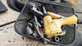 Close-up tools and repair equipment in garage. space Royalty Free Stock Photo