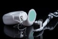 Close up of toothbrush and dental floss on black Royalty Free Stock Photo