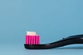 Close up toothbrush neon pink color with toothpaste on blue background. Dentists day concept. Toothbrush day. Copy space Royalty Free Stock Photo