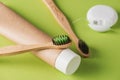 Close-up on toothpaste, bamboo toothbrushes and dental floss