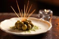 close-up of a toothpick piercing an olive on an appetizer plate