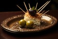 close-up of a toothpick piercing an olive on an appetizer plate