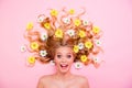 Close up top above high angle view photo beautiful she her amazing lady lying down among white yellow flowers long curly