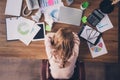 Close up top above high angle view photo beautiful she her business lady work day night sleep hands have no hope table Royalty Free Stock Photo