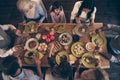 Close up top above high angle view photo people family thanksgiving conversation members company brother sister granny Royalty Free Stock Photo