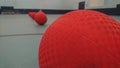 Close up of the top of dodgeballs lined up