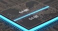 Close-up top-down view of a black 64-bit electronic microprocessor chip on a blue printed circuit board with a blurred metallic Royalty Free Stock Photo