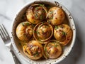 Top view of baked snails garnished with garlic butter, herbs, and spices. Generative AI Royalty Free Stock Photo