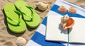 Bright Green Flip Flops and Seashells Arranged on Sandy Beach with Striped Towel and Open Notebook Royalty Free Stock Photo