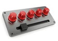 Five red rotary knobs and slider control panel for electronic devices isolated on white background Royalty Free Stock Photo