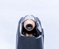 A close up of the top of a loaded 9mm pistol magazine with hollow point bullets Royalty Free Stock Photo