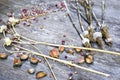 Close up, top shot of dry skins garlic bulbs, cloves, white, orange, purple colors, rustic wooden table background, selective Royalty Free Stock Photo