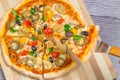 Close up and top view of Chicken mushroom jalapeno pizza Royalty Free Stock Photo