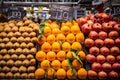 Close up, top view. Different multicolor fruits on the counter at a Spanish bazaar