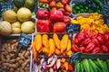 Close up, top view. Different multicolor vegetables on the counter at a Spanish bazaar Royalty Free Stock Photo
