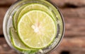 Close up top view green lime sliced in the soda water Royalty Free Stock Photo