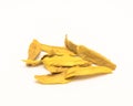 Close-up top view group of raw organic dried mango slices isolated Royalty Free Stock Photo