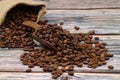 Close-up and top view of hot black coffee in blue coffee cup and roasted Thai coffee beans on wooden background Royalty Free Stock Photo