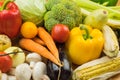 Close-up top view image of fresh organic vegetables. Locally grown bell pepper, corn, carrot, mushrooms and other natural vegan f