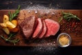 Close-up top view of ingredients Chateaubriand Steak on a table. AI Generated