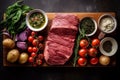 Close-up top view of ingredients Chateaubriand Steak on a table. AI Generated