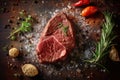 Close-up top view of ingredients Chuck Eye Steak on a table. AI Generated Royalty Free Stock Photo