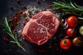 Close-up top view of ingredients Chuck Eye Steak on a table. AI Generated Royalty Free Stock Photo