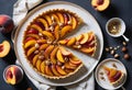 A close-up top view of a peach fruit tart with sliced peaches and hazelnuts on top Royalty Free Stock Photo
