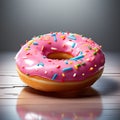 Close up top view of Pink Sugar Donut decorated with colorful sugar topping Royalty Free Stock Photo