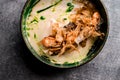 Close-up top view of plate with delicious meat dish with sauce and shrimps Royalty Free Stock Photo