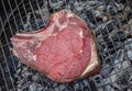 Close-up of a raw beef rib on a barbecue grill Royalty Free Stock Photo