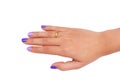 Top view right asian female hands with purple manicure isolated on white background with clipping path