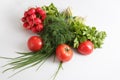 Close up top view shot of a vegetable composition consisting of a bunch of radish, dill, parsley, green onions and ripe red