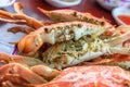 Close up top view steamed crabs in the restaurant for lunch and dinner