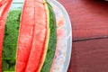 Close up top view style of peeled watermelon ready to eat. Royalty Free Stock Photo