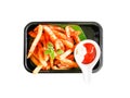 Top view tasty french fries with ketchup on black plate , isolated on white background with clipping path Royalty Free Stock Photo