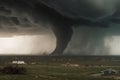 close-up of tornado, with debris flying and wind howling