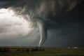 close-up of tornado, with lightning and storm clouds visible, threatening destruction