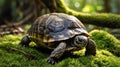 A Majestic Turtle Walking on Green Moss in a Lush Forest Environment Royalty Free Stock Photo