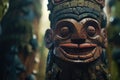 close-up of a totem with eerie carvings