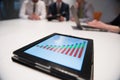 close up of touchpad with analytics documents at business meeting Royalty Free Stock Photo