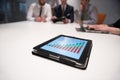 close up of touchpad with analytics documents at business meeting Royalty Free Stock Photo