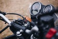 Close up of touring adventure motorcycle handlebar Royalty Free Stock Photo