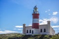 Close up of tourist landmark lighthouse on a hill in the Southern most point of Africa, Cape Agulhas.