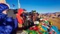 CLOSE UP: Tourists taking photos of beautiful Himalayan landscape at sunset. Royalty Free Stock Photo