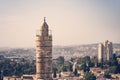 Close up of Tower of David the old city walls of Jerusalem Israel against the sky. The tower of David is an ancient citadel